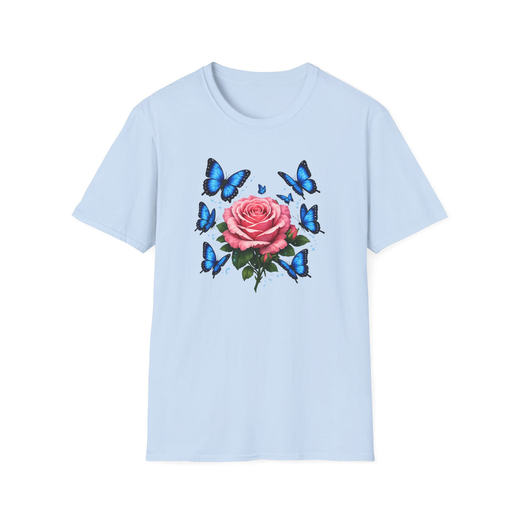 Rose and Blue Butterflies T-Shirt — Floral Garden Tee for Spring & Gifts