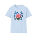 Rose and Blue Butterflies T-Shirt — Floral Garden Tee for Spring & Gifts