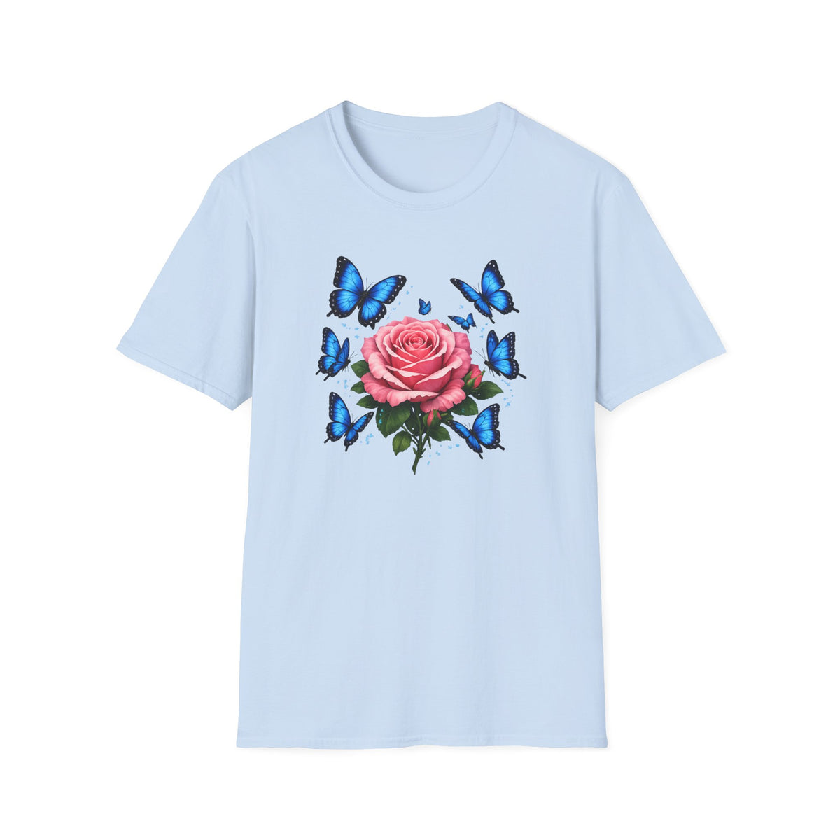 Rose and Blue Butterflies T-Shirt — Floral Garden Tee for Spring & Gifts