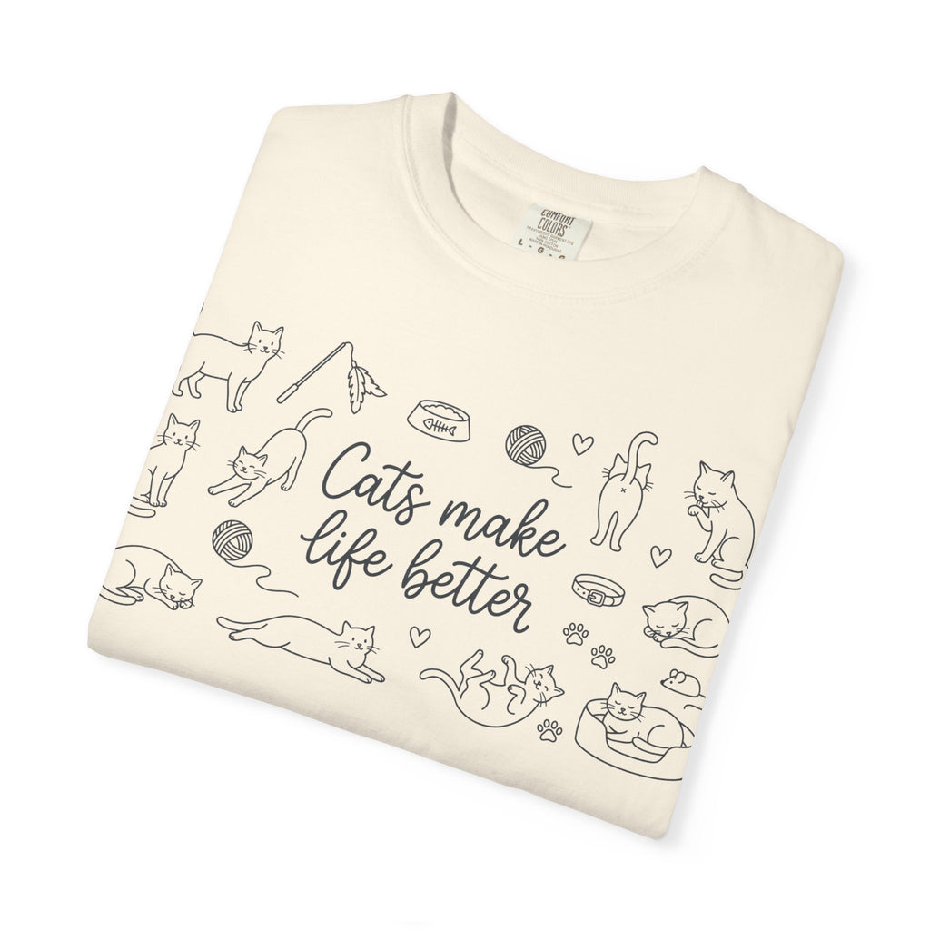 Cats Make Life Better Wide Shirt, Scattered Cat Doodle Tee, Minimal Cat Lover Shirt, Cat Owner Gift