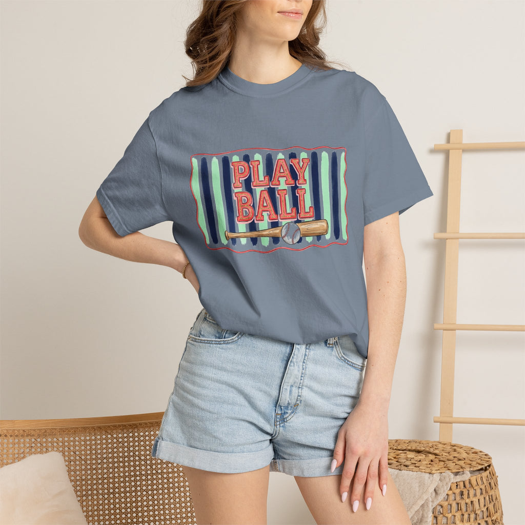 Play Ball Shirt, Painted Stripe Baseball Tee, Vintage Baseball Mom Shirt, Game Day Gift