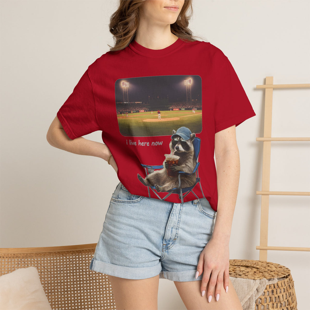 I Live Here Now Ballpark Raccoon Shirt, Funny Baseball Parent Tee, Camp Chair Raccoon Shirt, Sports Mom Gift