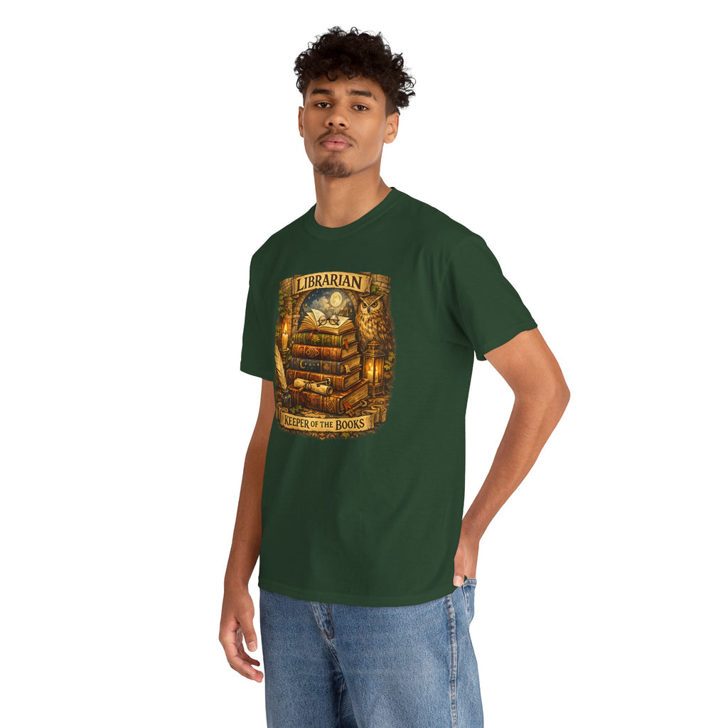 Librarian 'Keeper of the Books' T-Shirt — Vintage Bookstack & Owl Graphic