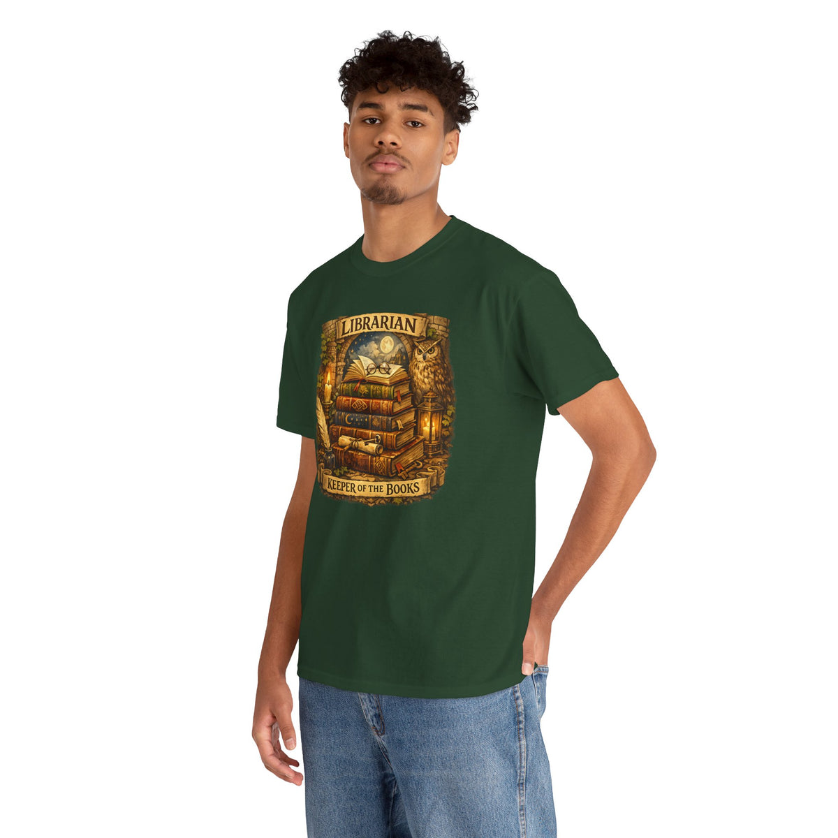 Librarian 'Keeper of the Books' T-Shirt — Vintage Bookstack & Owl Graphic