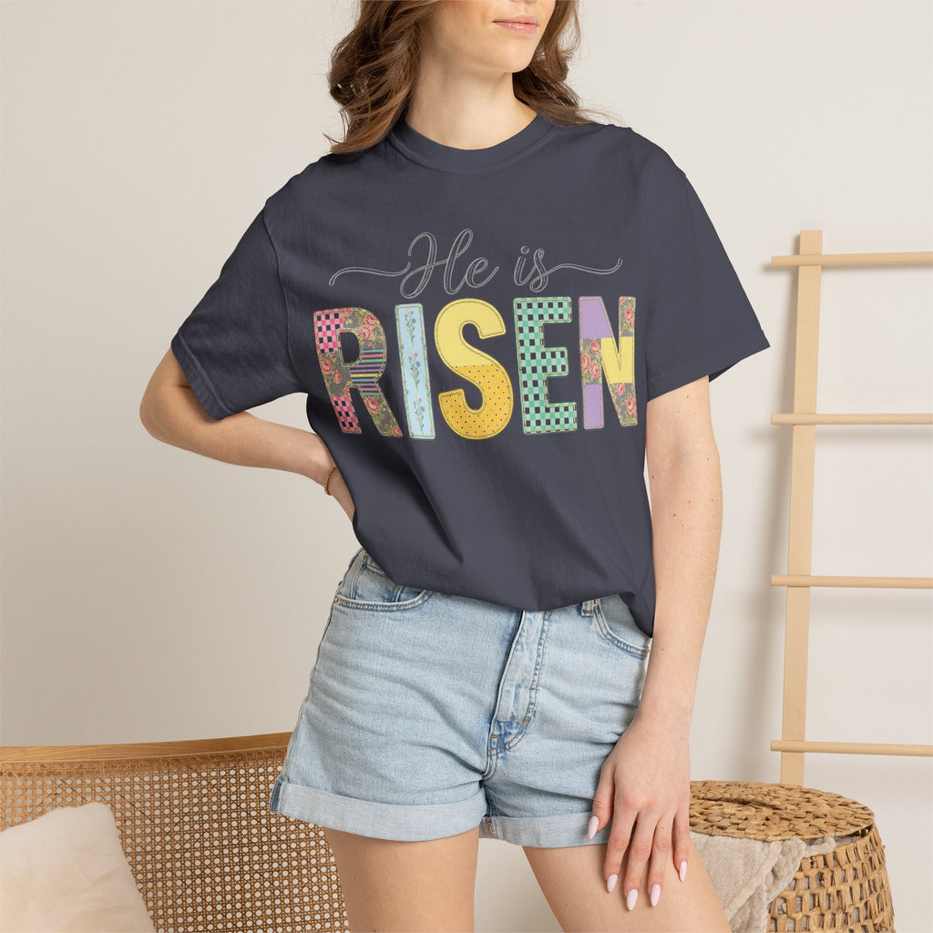 He Is Risen Floral Applique Shirt, Rose Gingham Easter Tee, Christian Patchwork Shirt, Easter Gift
