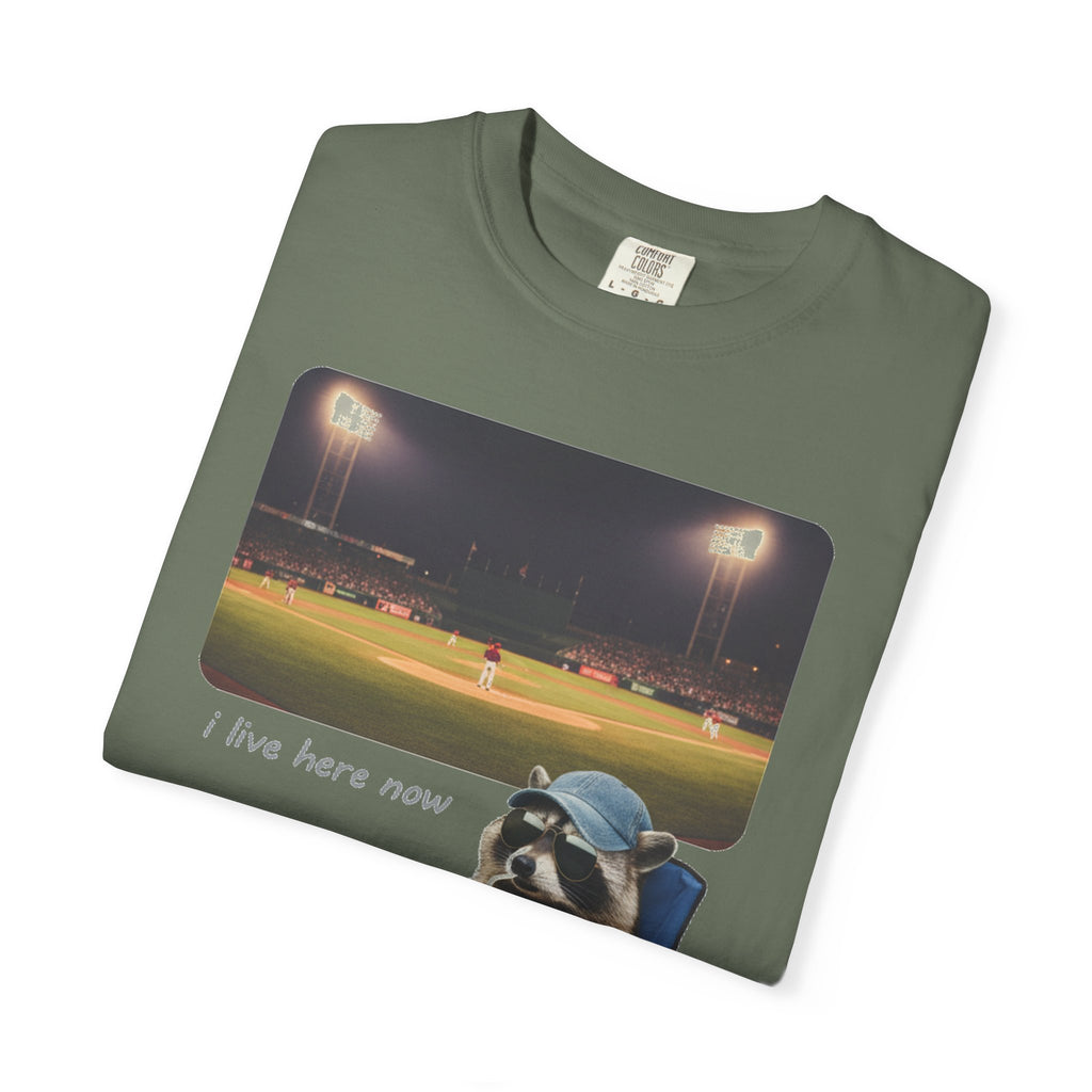 I Live Here Now Ballpark Raccoon Shirt, Funny Baseball Parent Tee, Camp Chair Raccoon Shirt, Sports Mom Gift