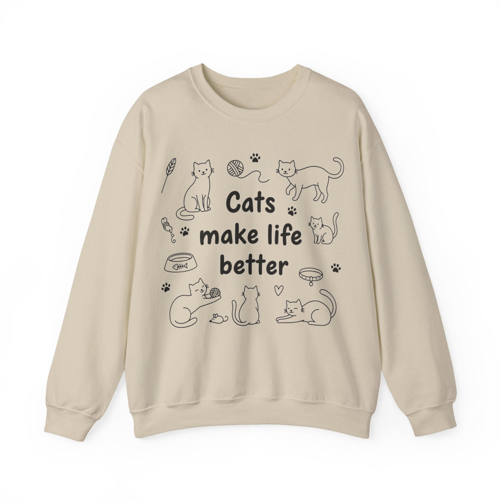 Cats Make Life Better Sweatshirt, Minimalist Cat Line Art Sweatshirt, Cat Lover Gift, Cat Mom Sweatshirt, Cute Kitten Doodle Sweatshirt, Cra