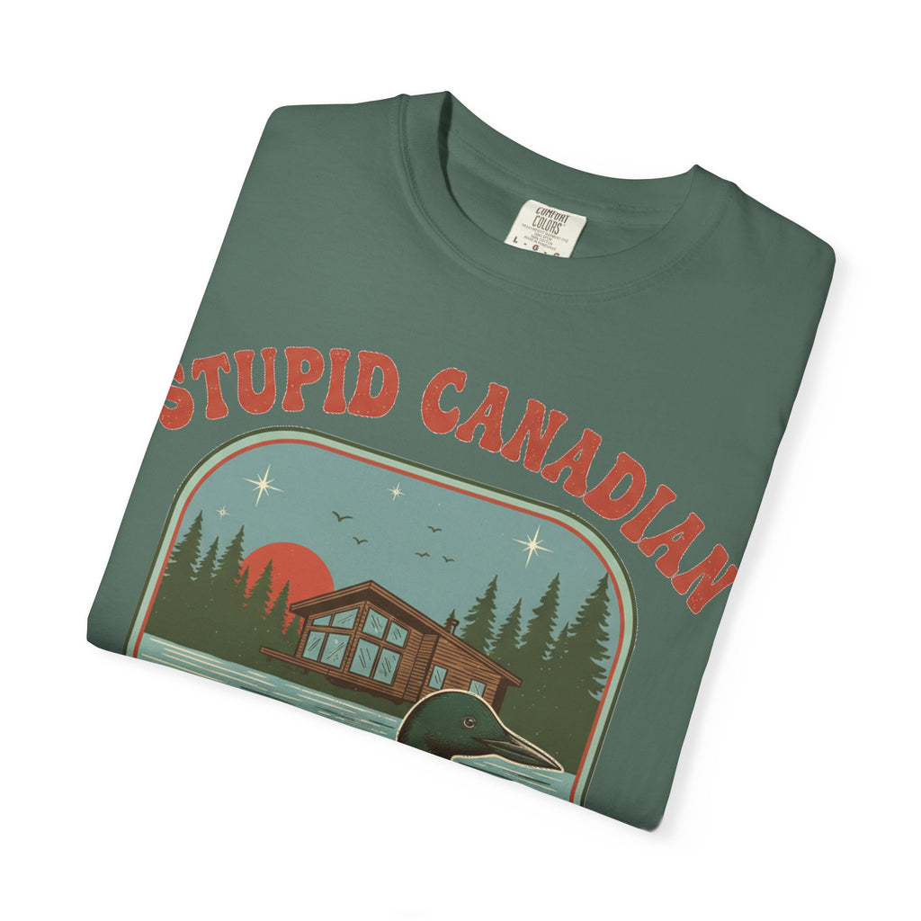 Stupid Canadian Wolf-Bird Arched Shirt, Retro Loon Sunset Badge Tee, Funny Lake Shirt, Cabin Gift