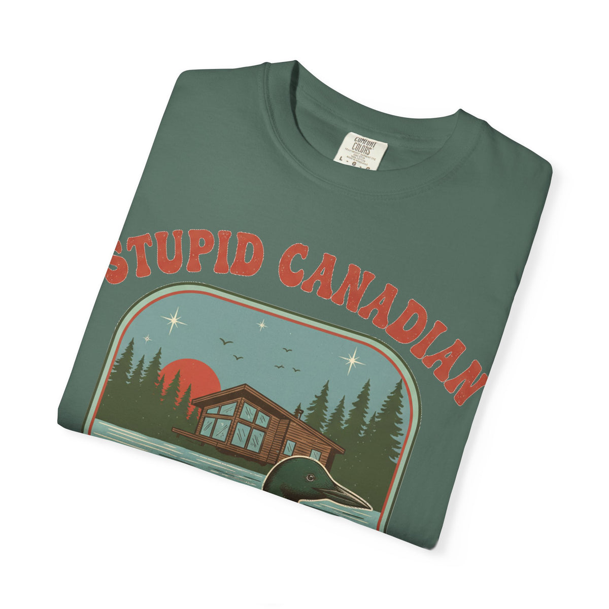 Stupid Canadian Wolf-Bird Arched Shirt, Retro Loon Sunset Badge Tee, Funny Lake Shirt, Cabin Gift