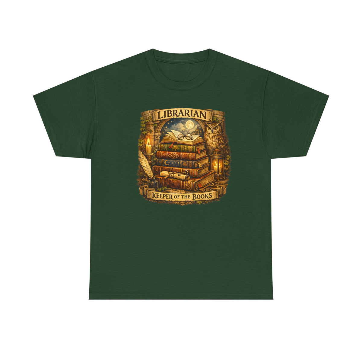 Librarian 'Keeper of the Books' T-Shirt — Vintage Bookstack & Owl Graphic
