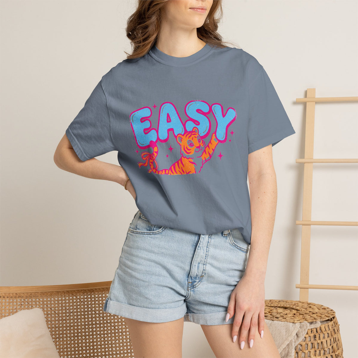 Easy Tiger Shirt, Y2K Bubble Letter Tiger Tee, Pink And Blue Retro Shirt, Funny Flirty Gift