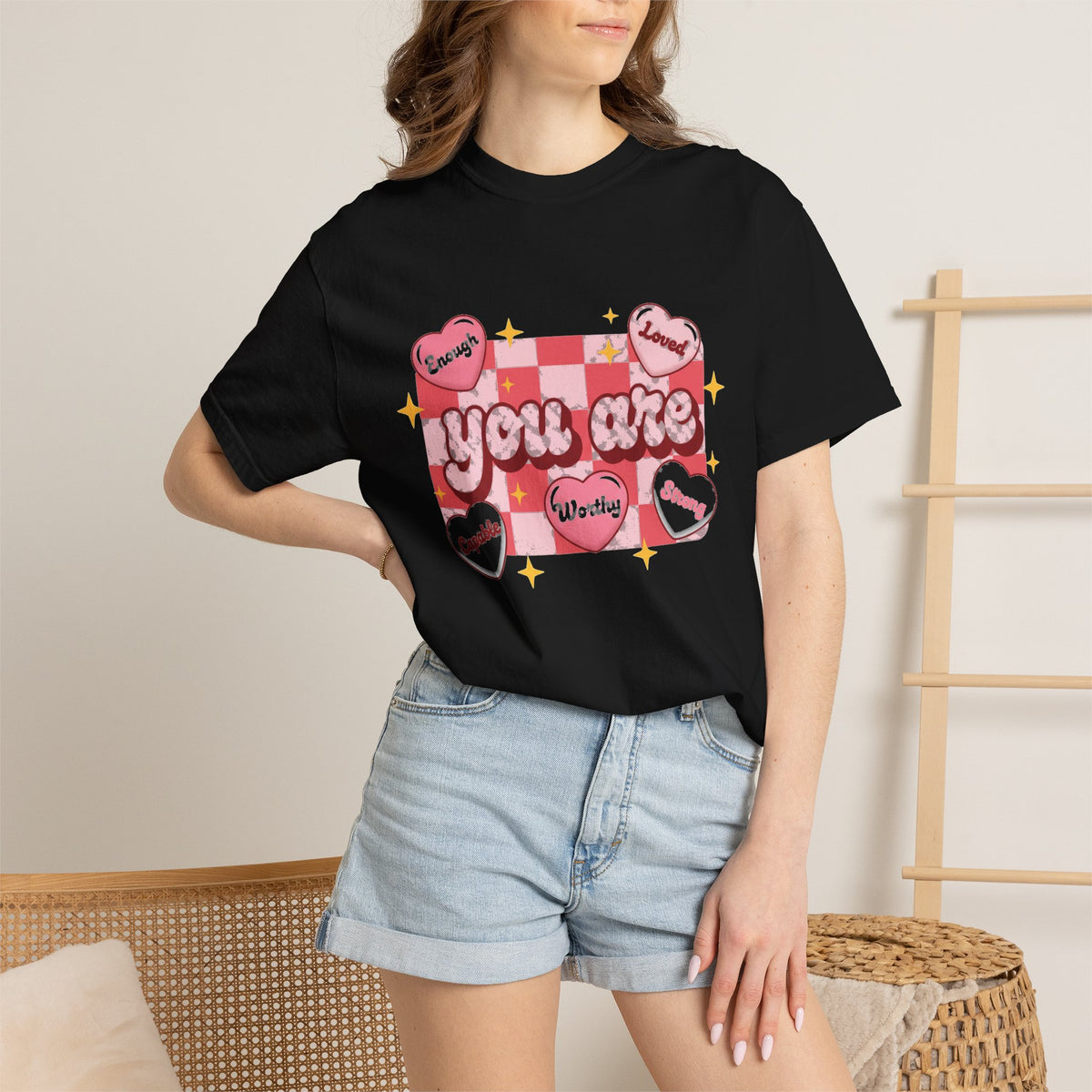 You Are Enough Pink Check Shirt, Affirmation Conversation Heart Tee, Valentines Shirt, Self Love Gift