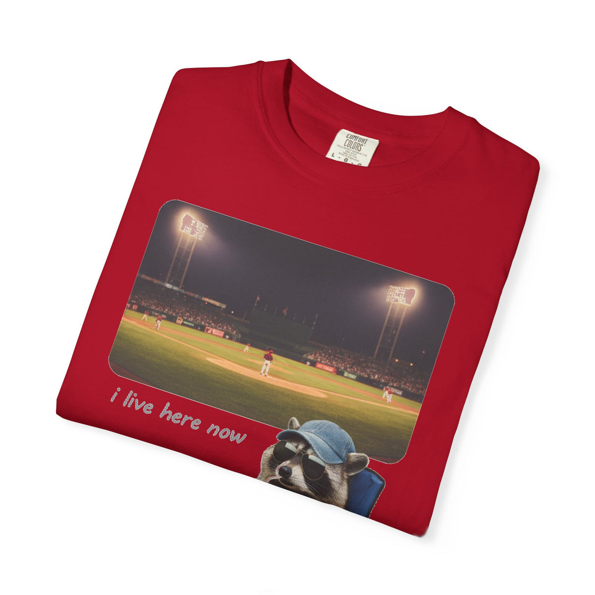 I Live Here Now Ballpark Raccoon Shirt, Funny Baseball Parent Tee, Camp Chair Raccoon Shirt, Sports Mom Gift