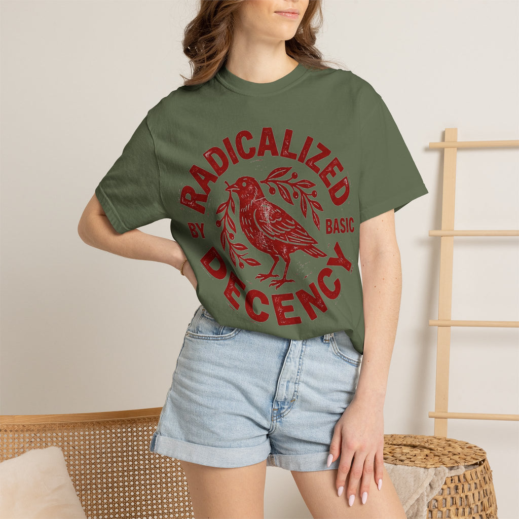 Radicalized By Basic Decency Red Bird Shirt, Folk Stamp Activist Tee, Kindness Protest Shirt, Ally Gift