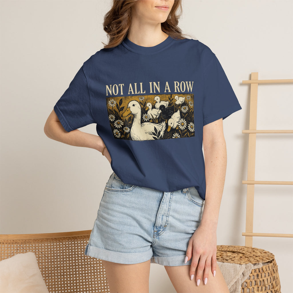 Not All In A Row Shirt, Woodcut Duck And Daisies Tee, Vintage Block Print Shirt, Funny Duck Gift