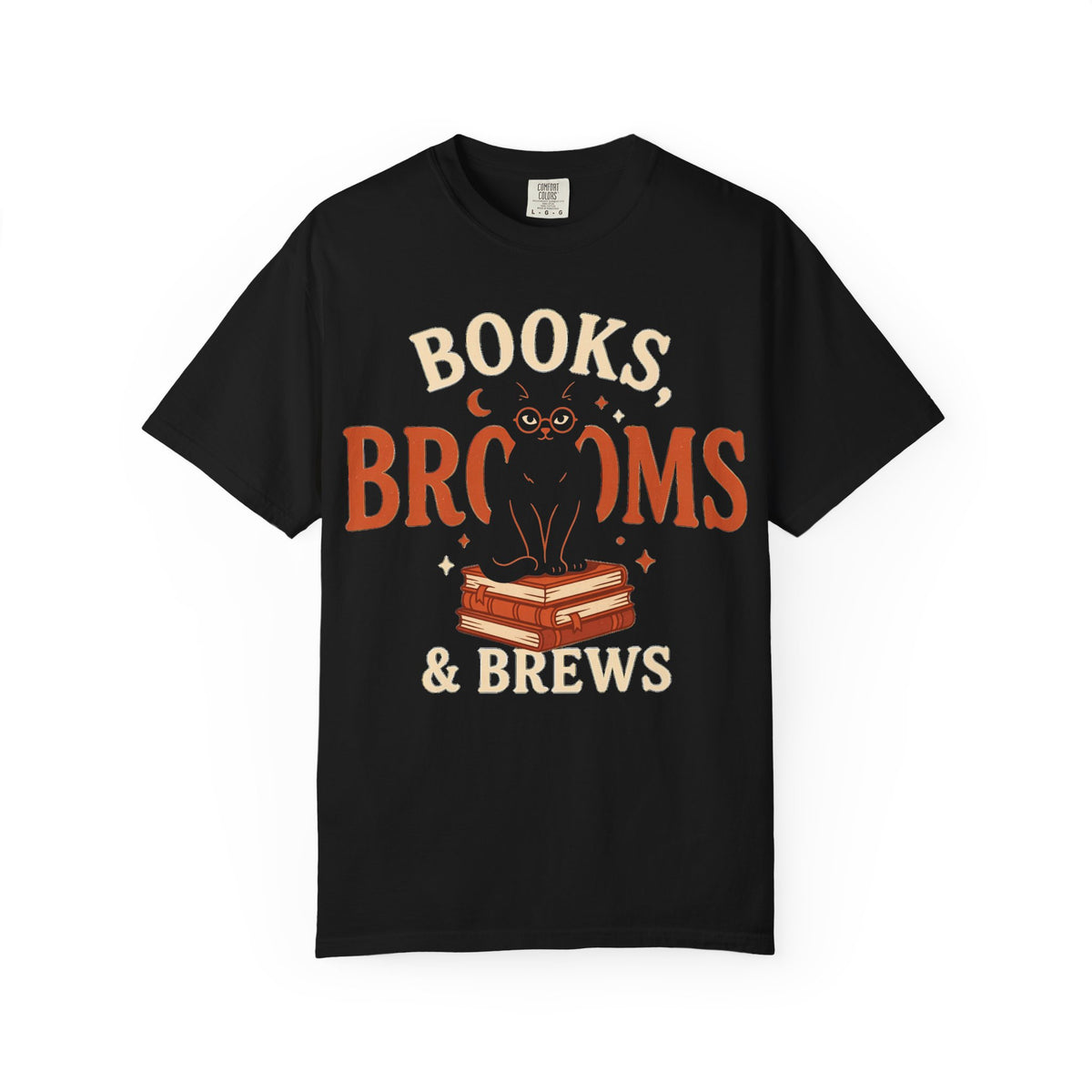 Books, Brooms & Brews Shirt, Black Cat Book Lover Comfort Colors Tee