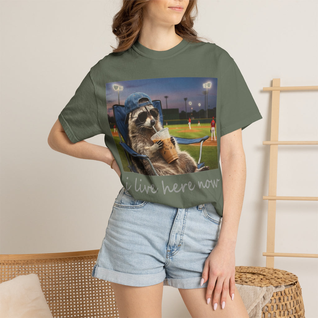 I Live Here Now Baseball Raccoon Shirt, Funny Sports Parent Tee, Iced Coffee Raccoon Shirt, Baseball Mom Gift
