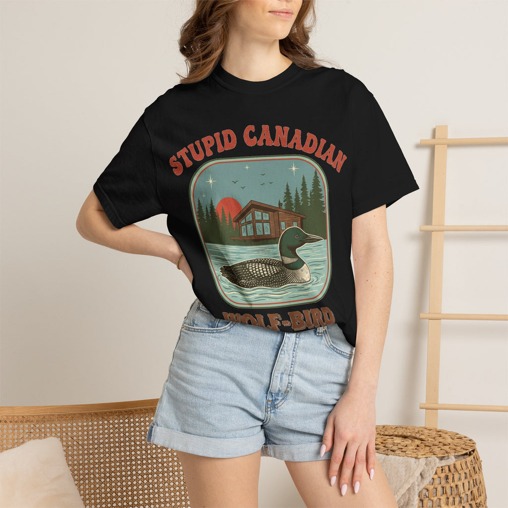 Stupid Canadian Wolf-Bird Arched Shirt, Retro Loon Sunset Badge Tee, Funny Lake Shirt, Cabin Gift