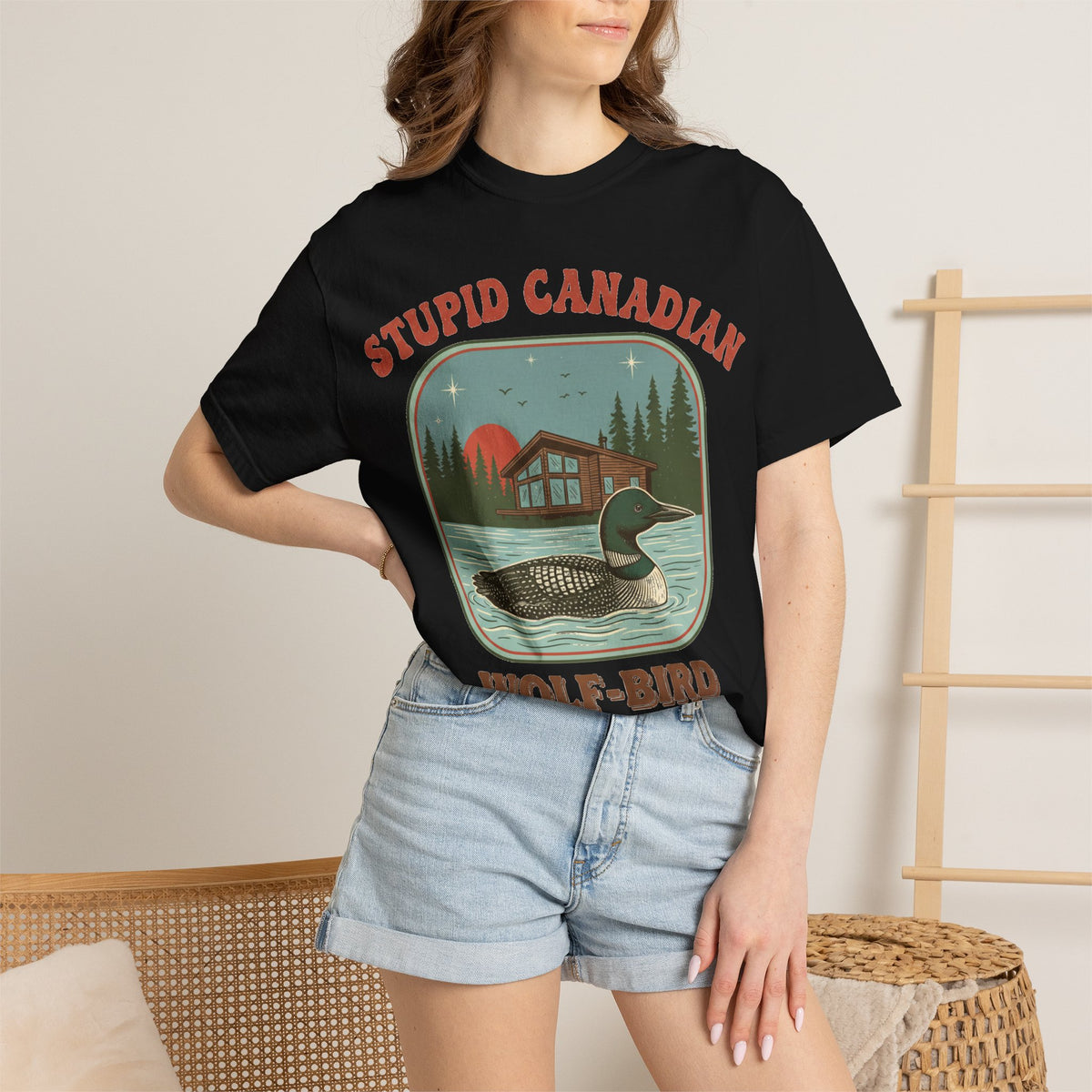 Stupid Canadian Wolf-Bird Arched Shirt, Retro Loon Sunset Badge Tee, Funny Lake Shirt, Cabin Gift