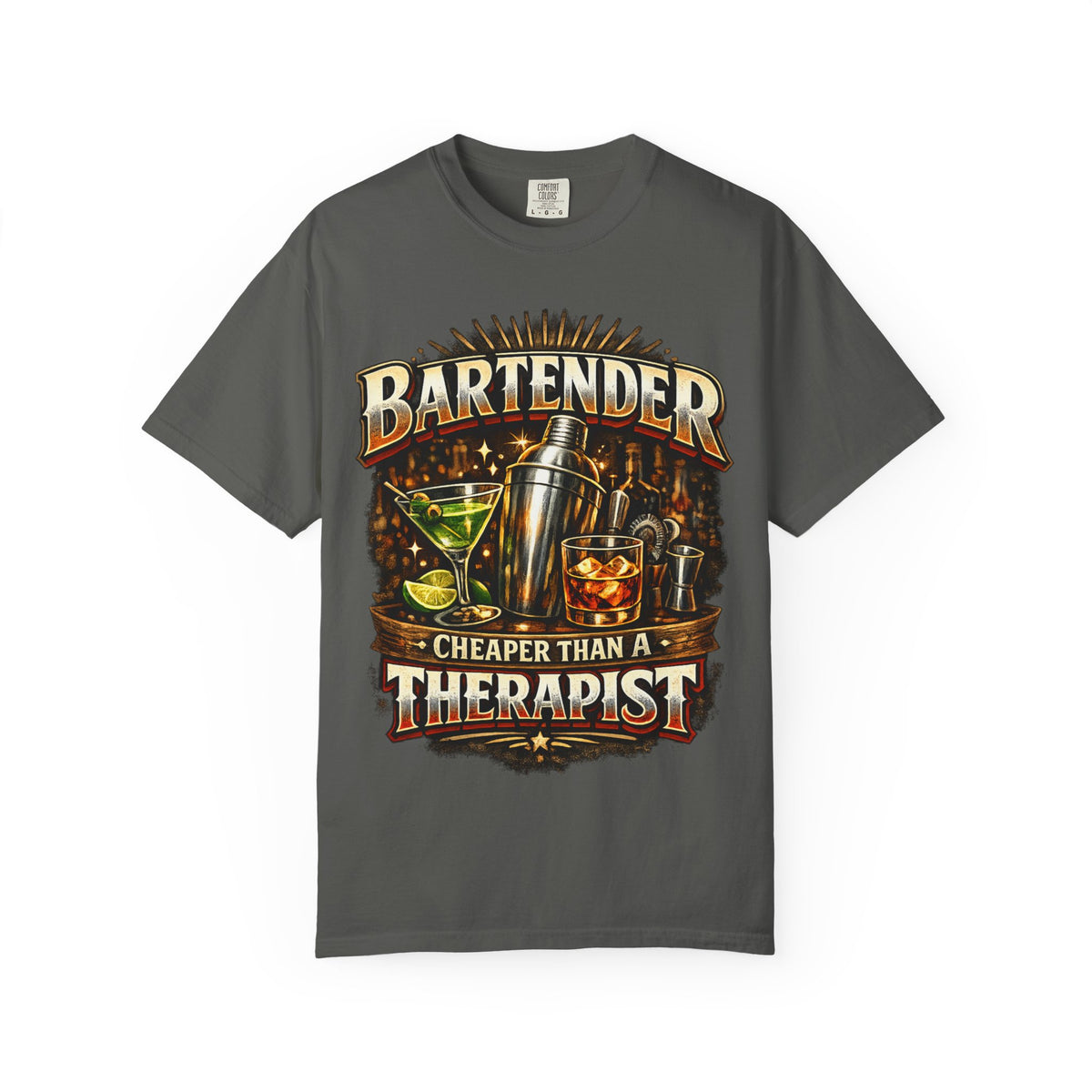 Bartender T-Shirt — "Bartender: Cheaper Than a Therapist" Vintage Bar Graphic Tee