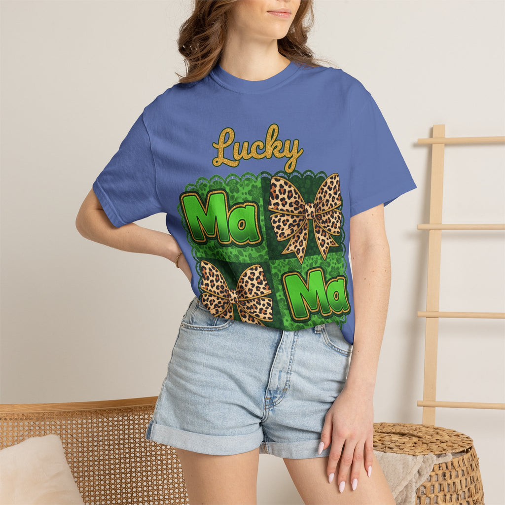 Lucky Mama Quad Shirt, Shamrock Leopard Bow Tee, St Patricks Day Mom Shirt, Irish Mama Gift