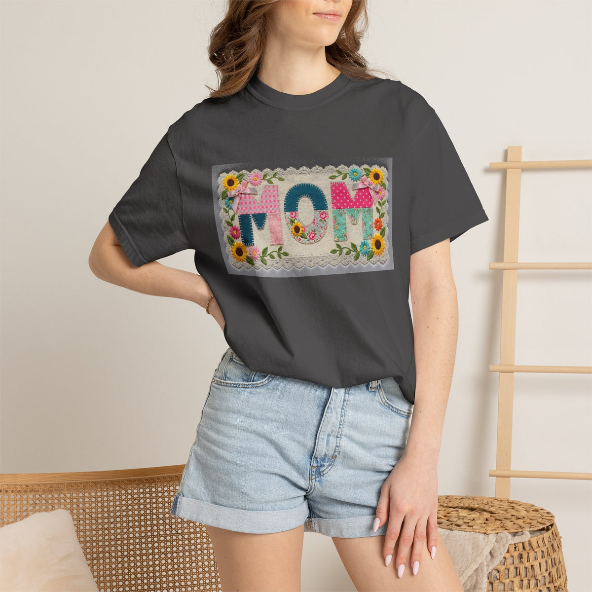 Mom Floral Applique Shirt, Faux Embroidery Sunflower MOM Tee, Mothers Day Shirt, Mom Gift