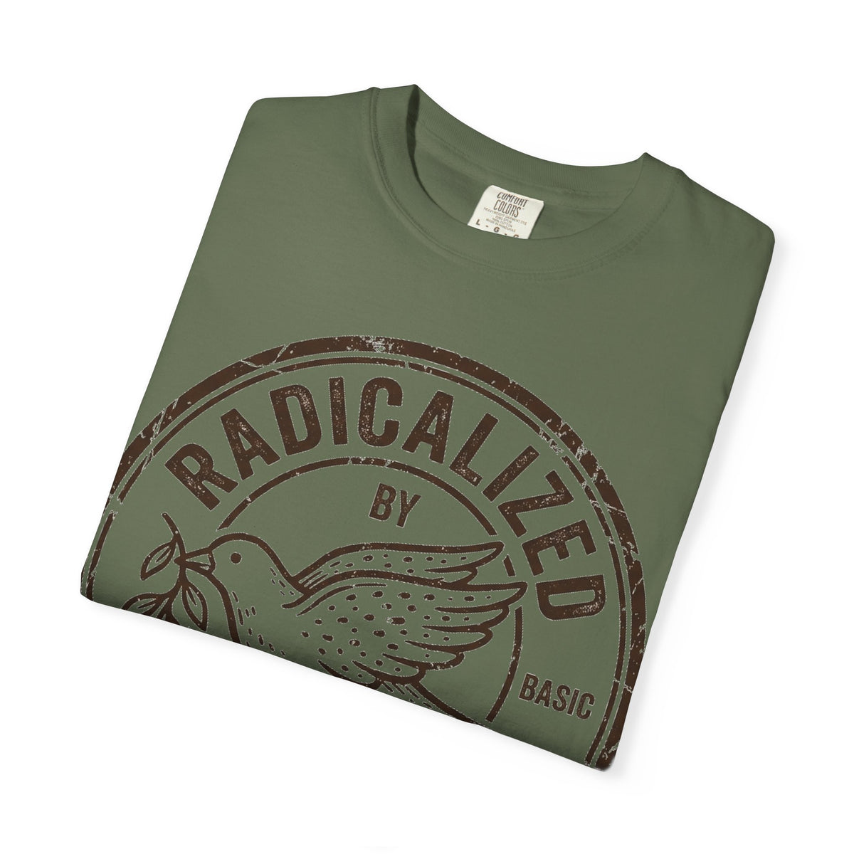 Radicalized By Basic Decency Brown Stamp Shirt, Flying Dove Badge Tee, Kindness Activist Shirt, Ally Gift