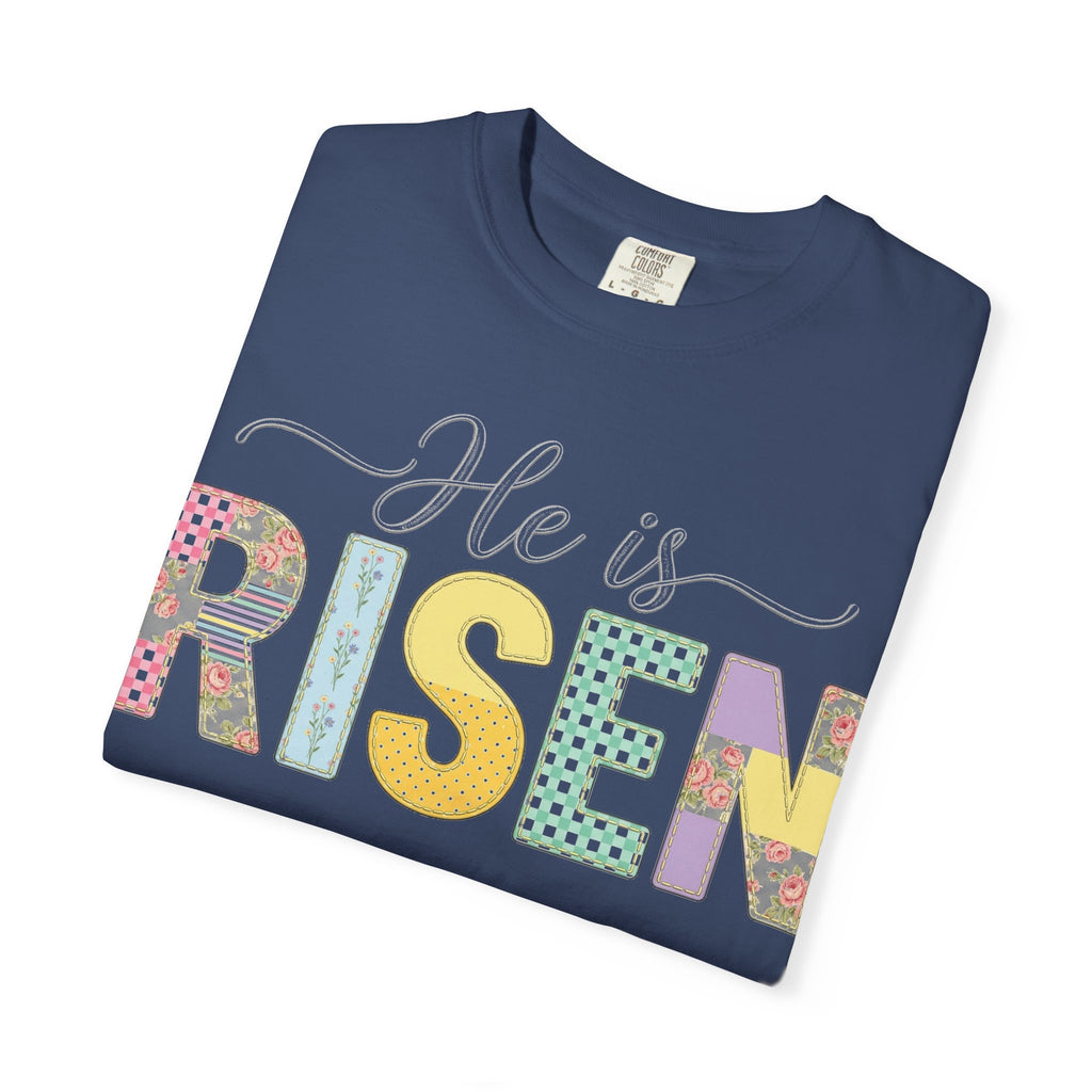 He Is Risen Floral Applique Shirt, Rose Gingham Easter Tee, Christian Patchwork Shirt, Easter Gift