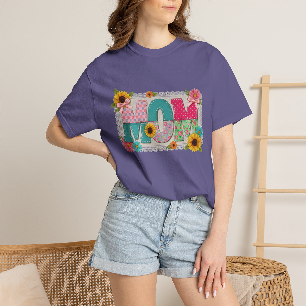 Mom Sunflower Applique Shirt, Faux Stitch Floral MOM Tee, Mothers Day Shirt, Mom Gift