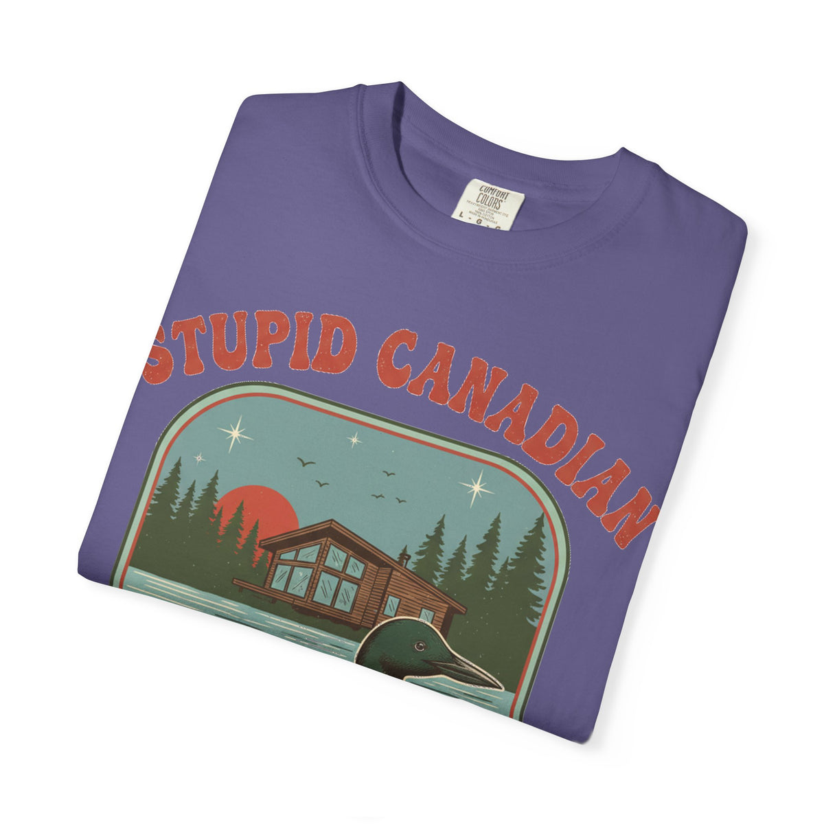 Stupid Canadian Wolf-Bird Arched Shirt, Retro Loon Sunset Badge Tee, Funny Lake Shirt, Cabin Gift