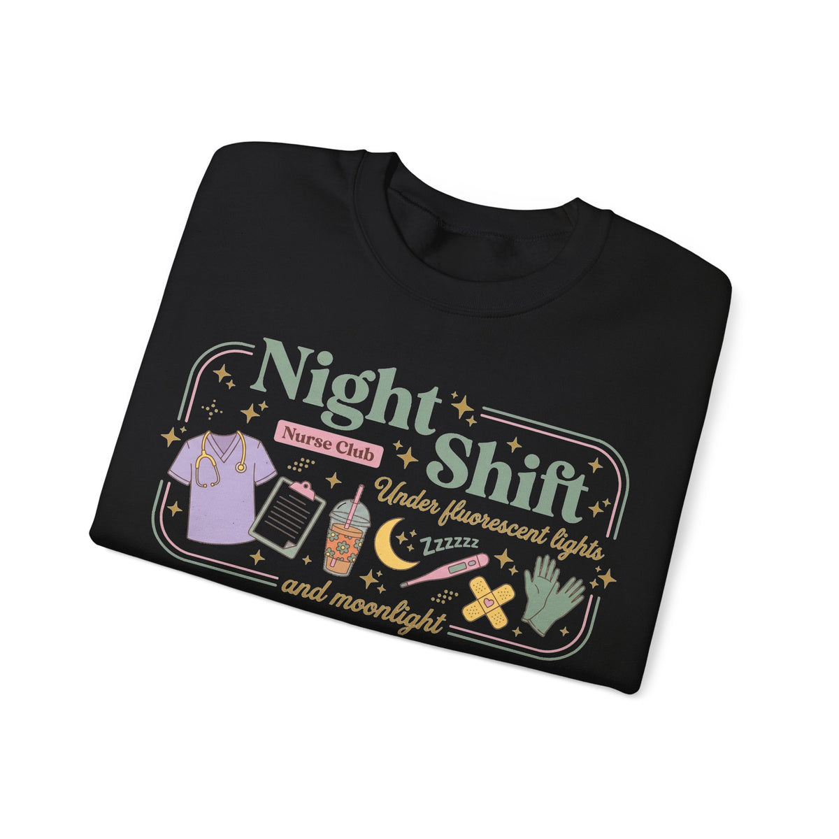Night Shift Nurse Club Sweatshirt, Under Fluorescent Lights And Moonlight Sweatshirt, Retro Nurse Gift, Night Nurse Scrubs Doodle Sweatshirt