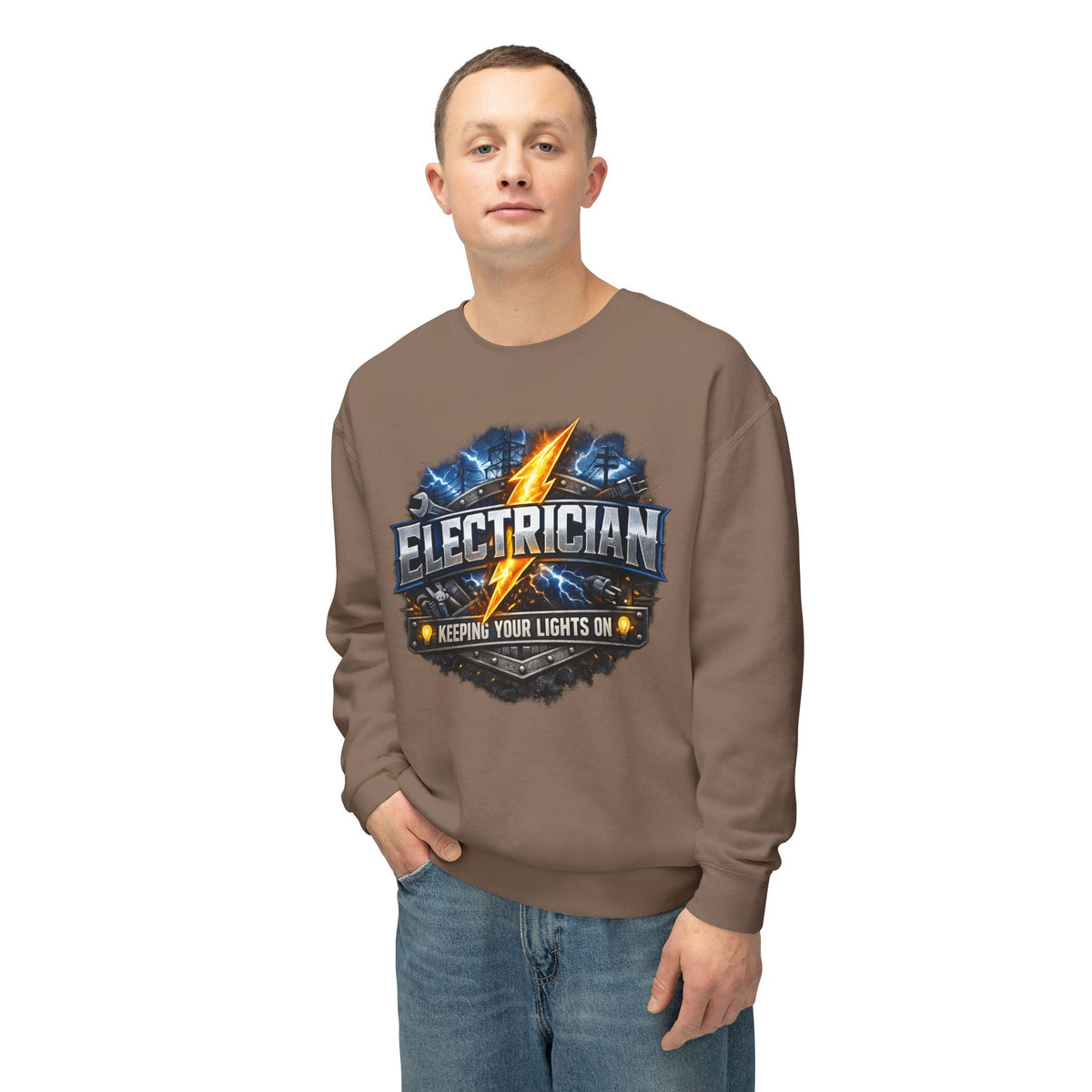 Electrician Crewneck Sweatshirt — "Keepin' Your Lights On" Graphic