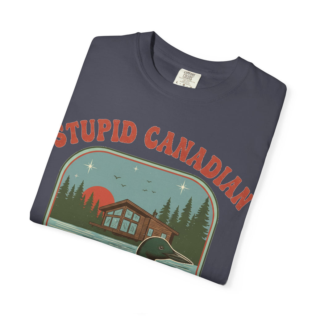 Stupid Canadian Wolf-Bird Arched Shirt, Retro Loon Sunset Badge Tee, Funny Lake Shirt, Cabin Gift