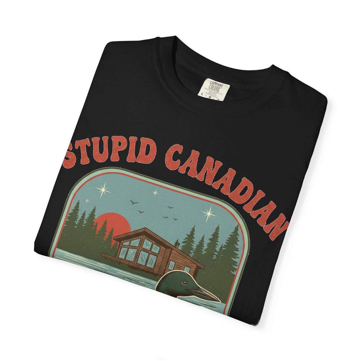 Stupid Canadian Wolf-Bird Arched Shirt, Retro Loon Sunset Badge Tee, Funny Lake Shirt, Cabin Gift