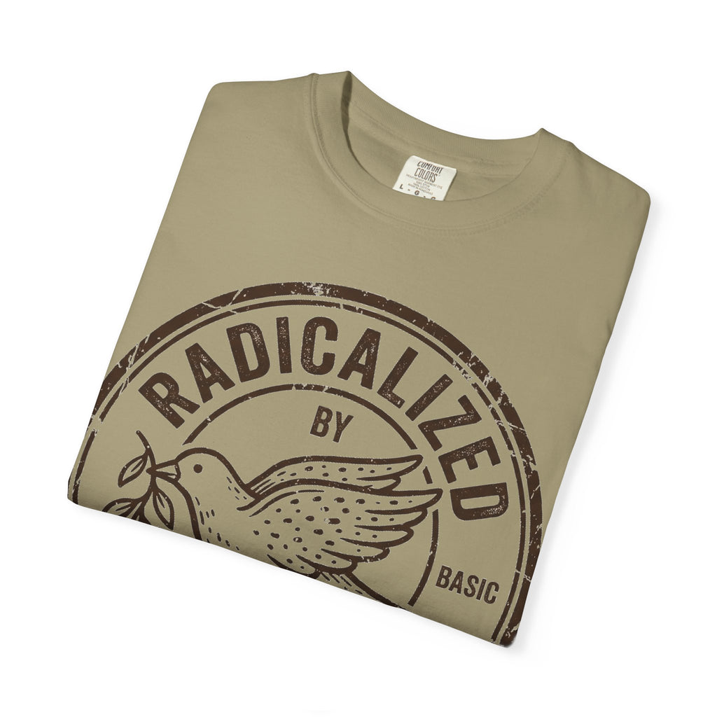 Radicalized By Basic Decency Brown Stamp Shirt, Flying Dove Badge Tee, Kindness Activist Shirt, Ally Gift