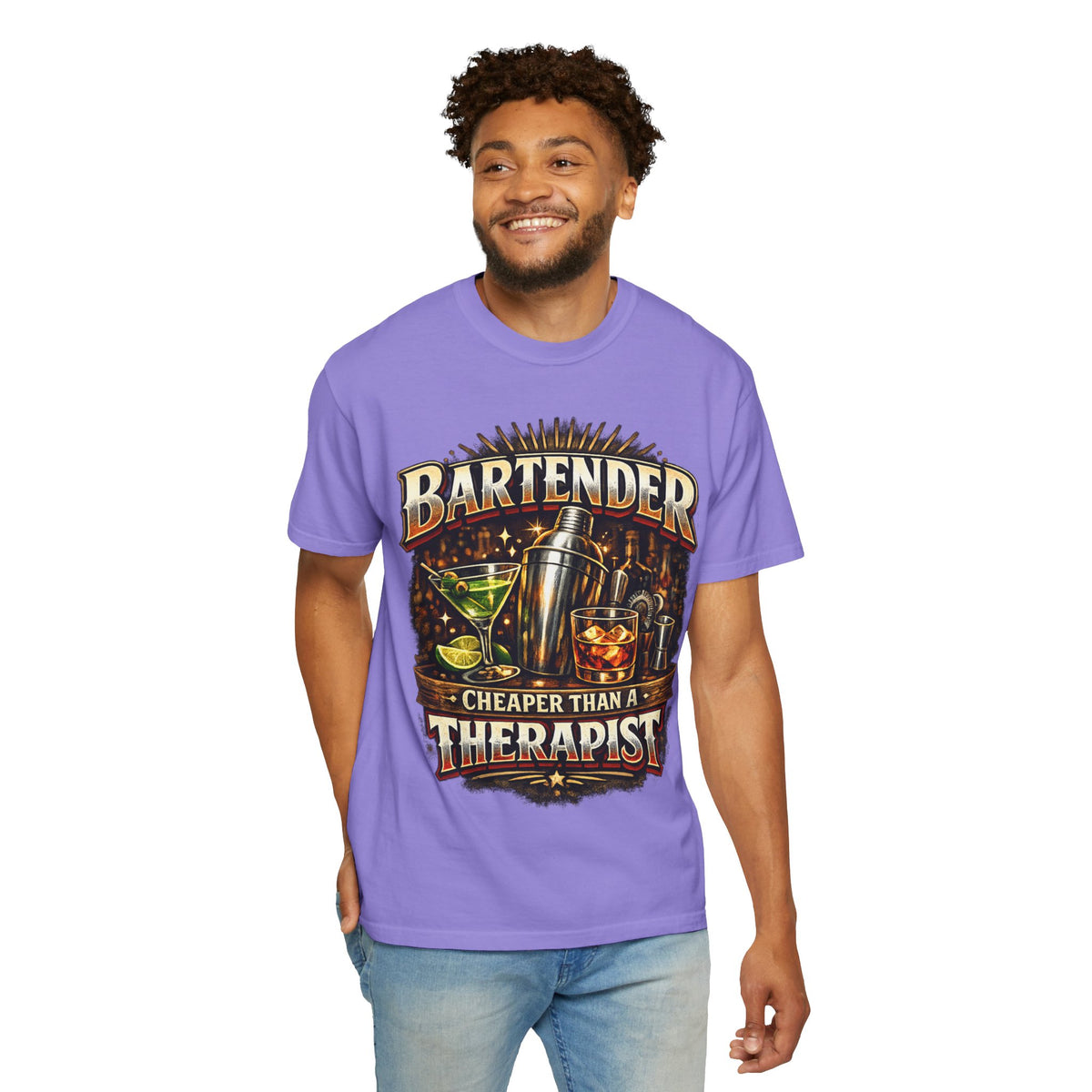Bartender T-Shirt — "Bartender: Cheaper Than a Therapist" Vintage Bar Graphic Tee