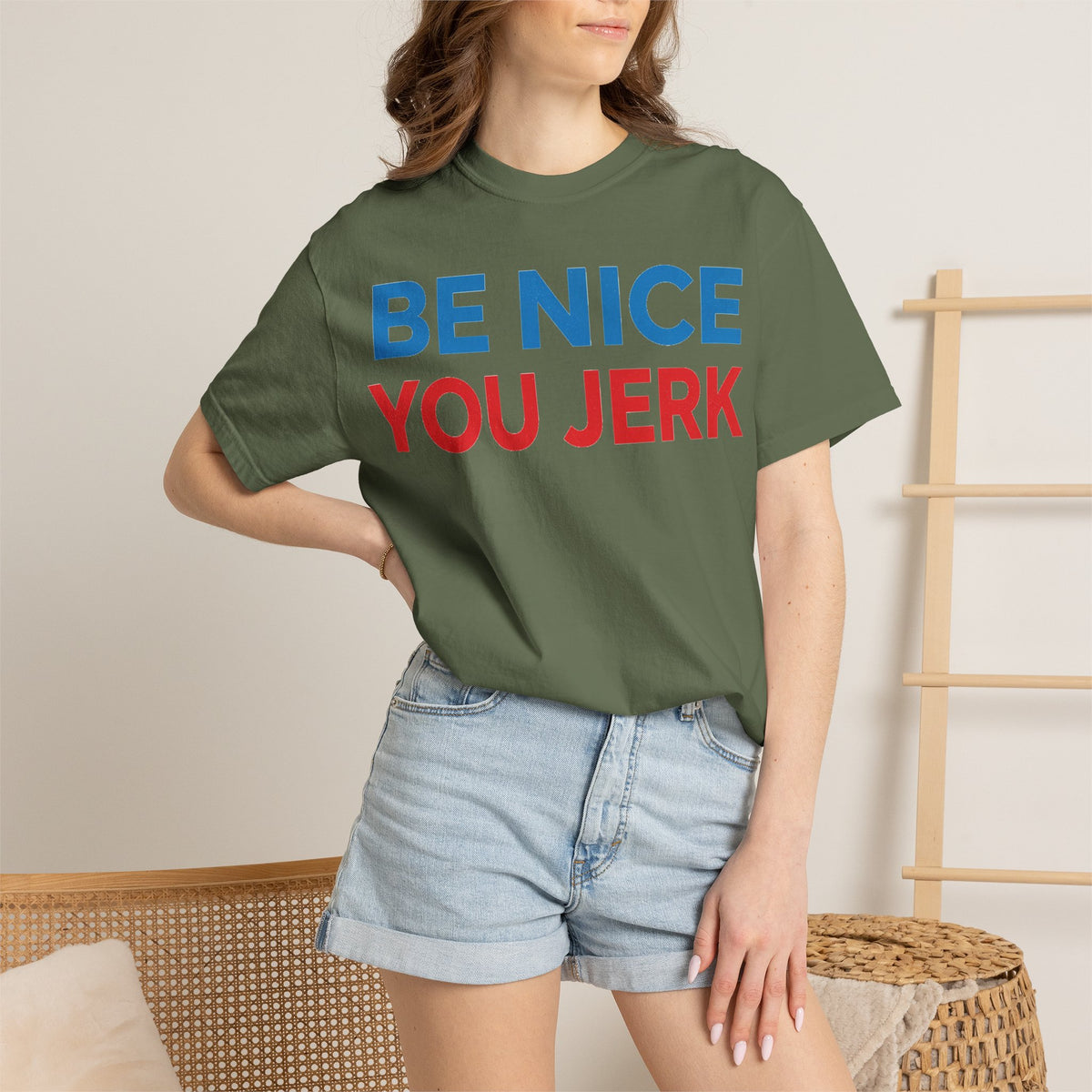 Be Nice You Jerk Wide Shirt, Funny Sarcastic Saying Tee, Light Blue And Red Shirt, Funny Friend Gift