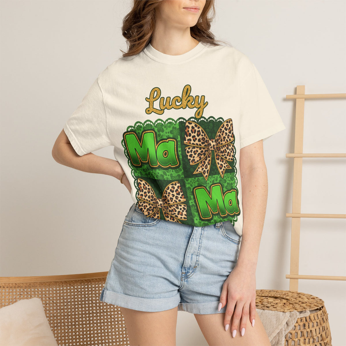 Lucky Mama Quad Shirt, Shamrock Leopard Bow Tee, St Patricks Day Mom Shirt, Irish Mama Gift