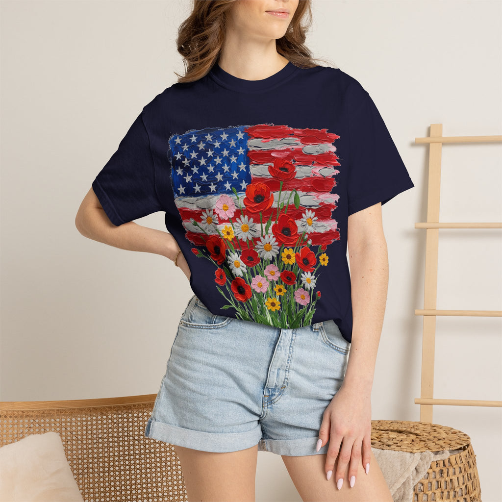 American Flag Poppy Bouquet Shirt, Impasto Patriotic Floral Tee, Memorial Day Shirt, Veterans Gift