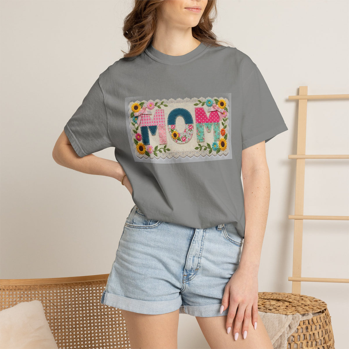 Mom Floral Applique Shirt, Faux Embroidery Sunflower MOM Tee, Mothers Day Shirt, Mom Gift