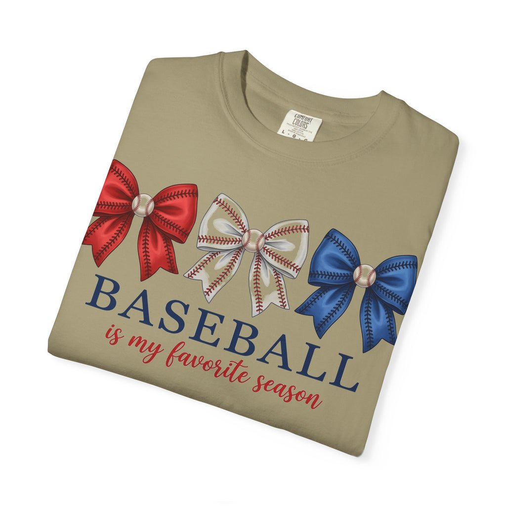 Baseball Is My Favorite Season Tee, Small Bow Trio Baseball Shirt, Coquette Sports Mom Shirt, Game Day Gift