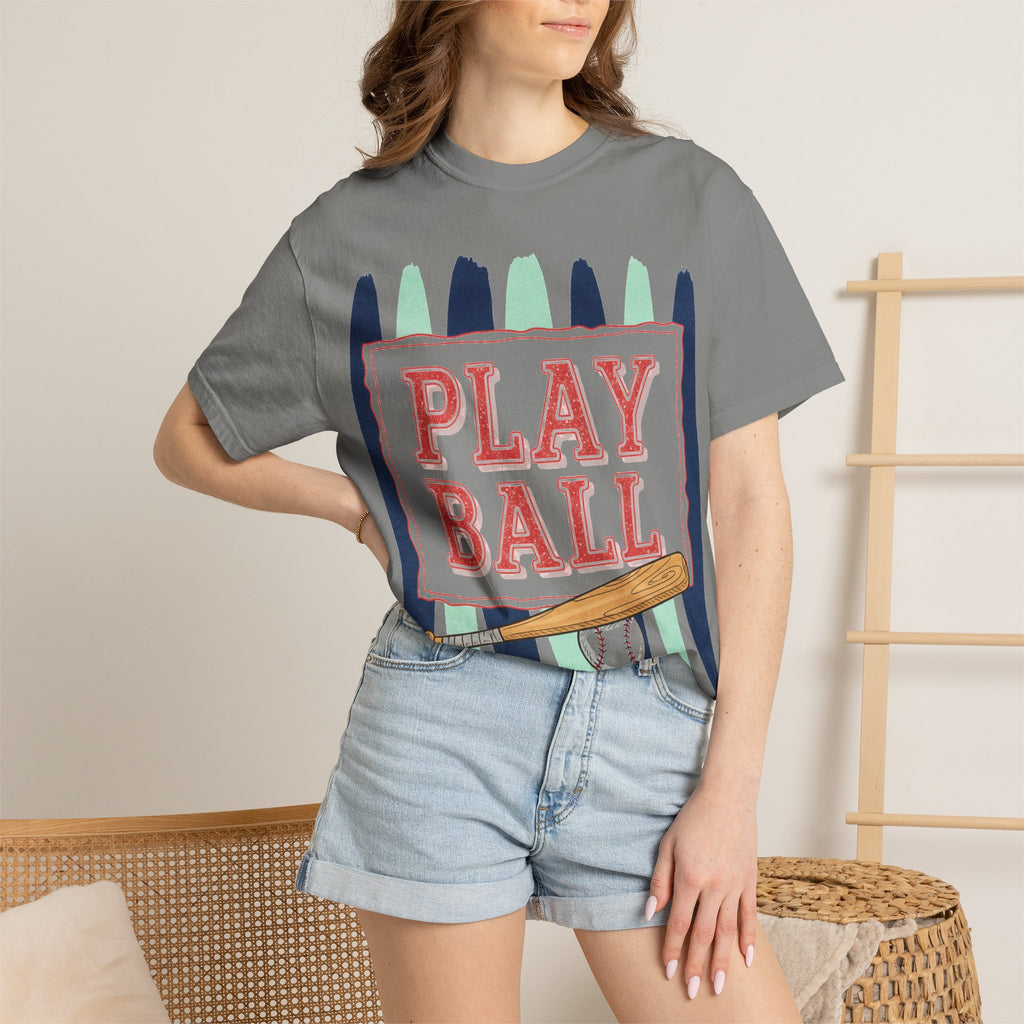 Play Ball Tall Stripe Shirt, Painted Baseball Panel Tee, Game Day Baseball Shirt, Sports Mom Gift