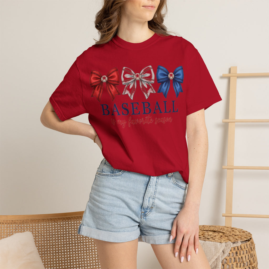 Baseball Is My Favorite Season Tee, Small Bow Trio Baseball Shirt, Coquette Sports Mom Shirt, Game Day Gift