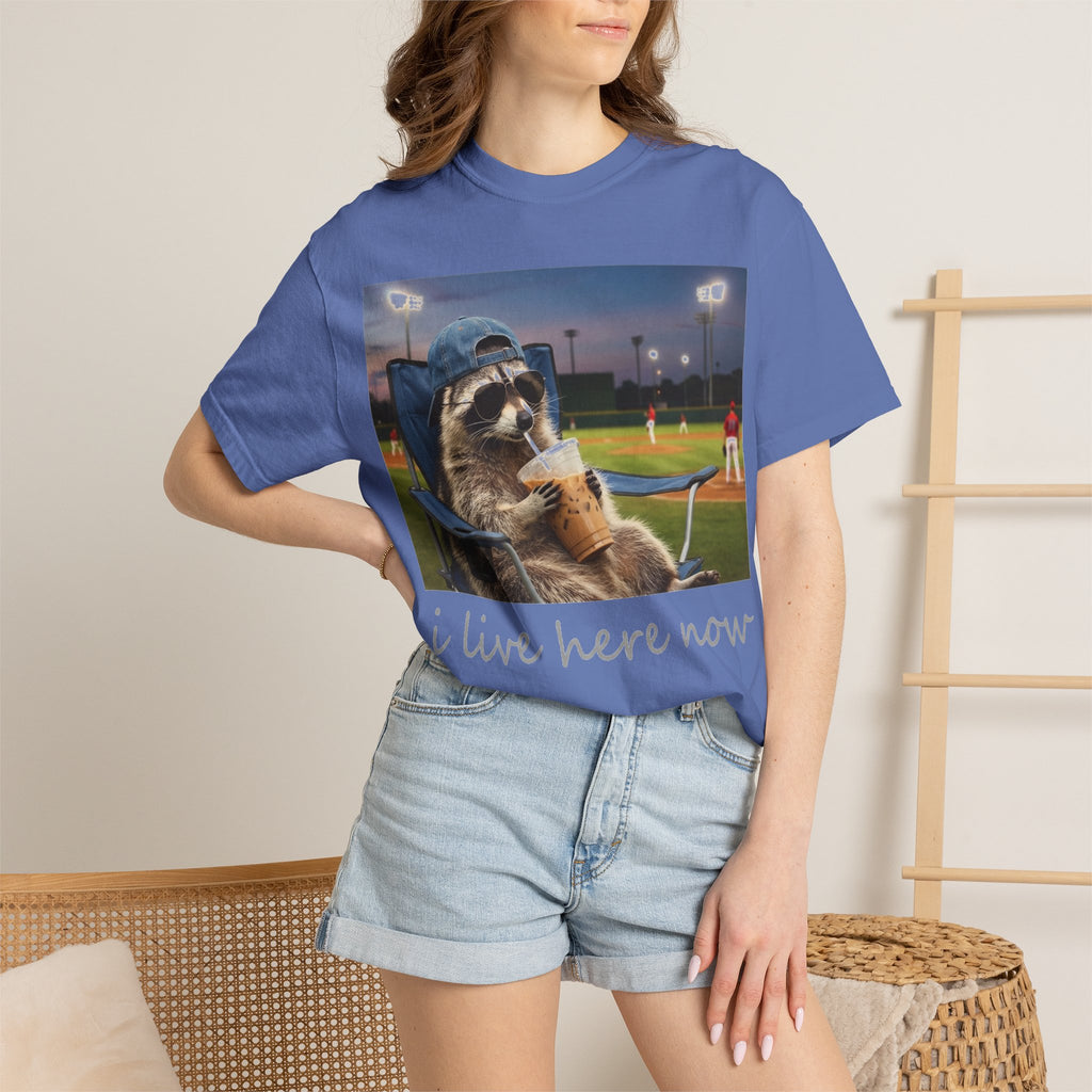 I Live Here Now Baseball Raccoon Shirt, Funny Sports Parent Tee, Iced Coffee Raccoon Shirt, Baseball Mom Gift