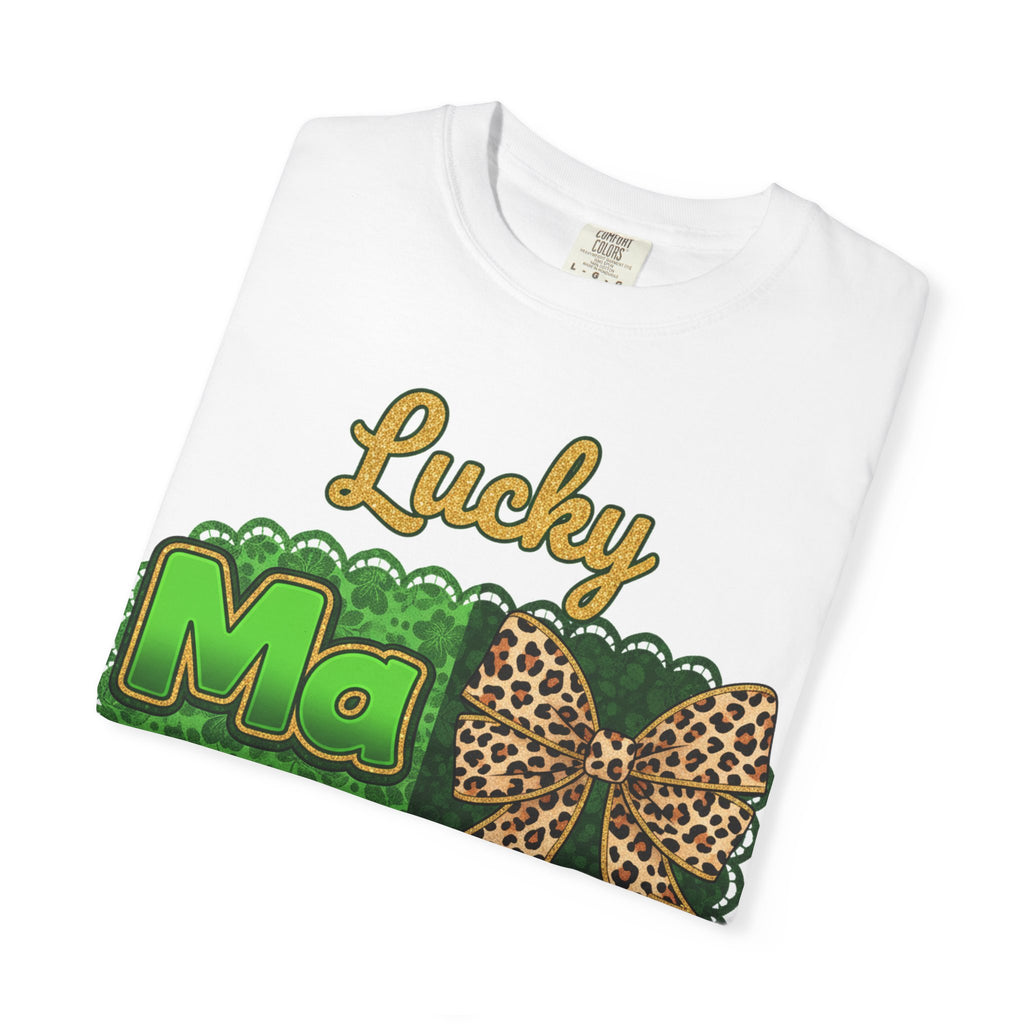 Lucky Mama Quad Shirt, Shamrock Leopard Bow Tee, St Patricks Day Mom Shirt, Irish Mama Gift