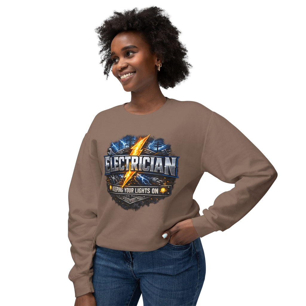 Electrician Crewneck Sweatshirt — "Keepin' Your Lights On" Graphic