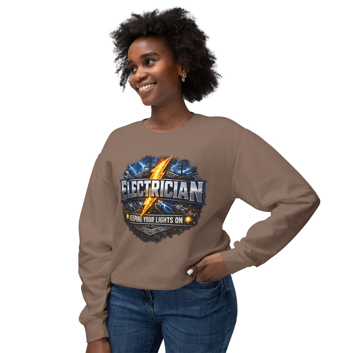 Electrician Crewneck Sweatshirt — "Keepin' Your Lights On" Graphic
