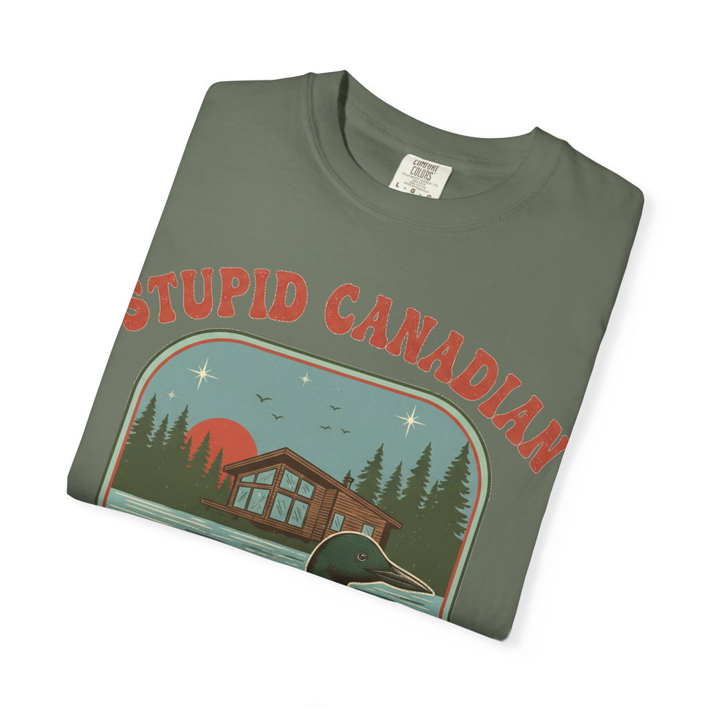 Stupid Canadian Wolf-Bird Arched Shirt, Retro Loon Sunset Badge Tee, Funny Lake Shirt, Cabin Gift