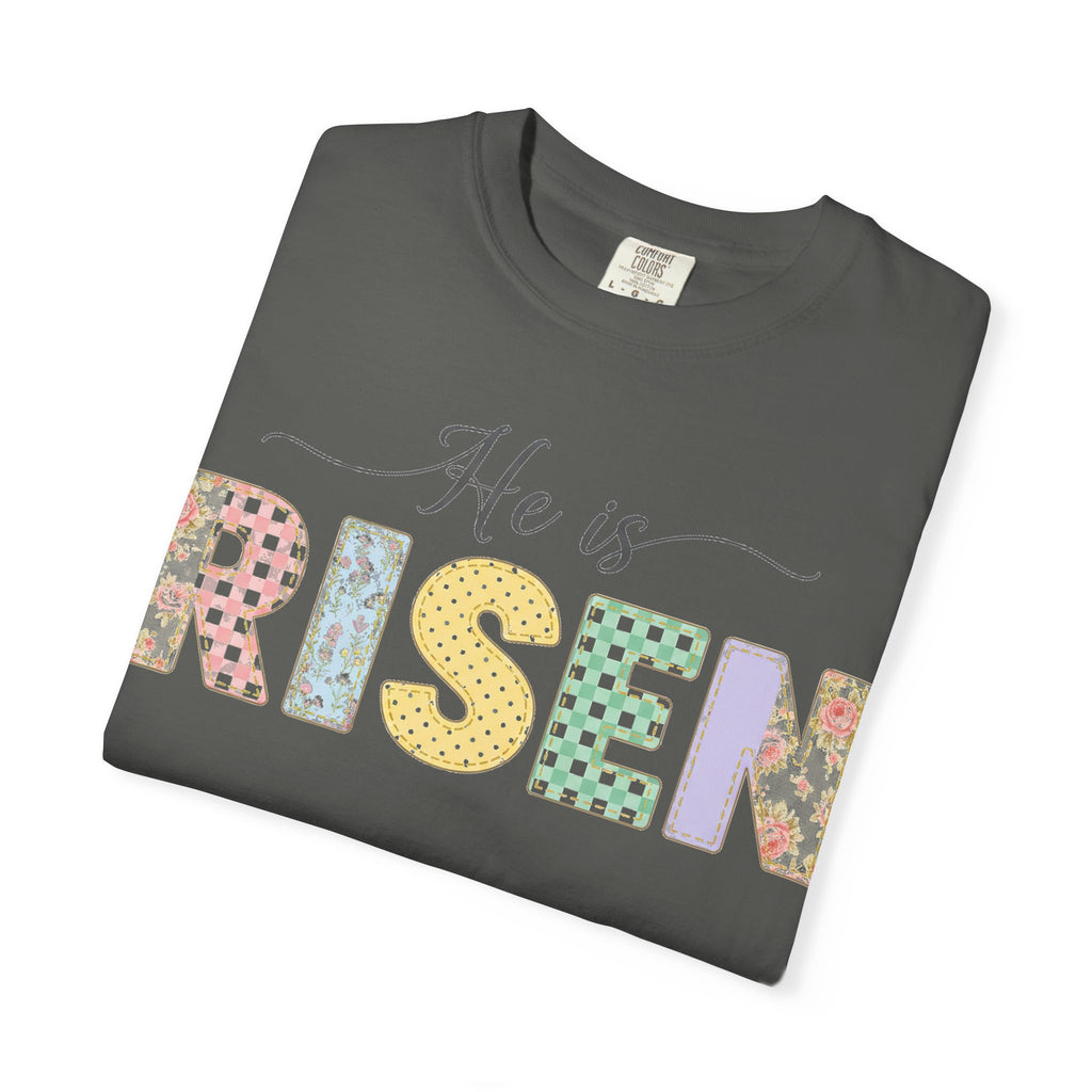 He Is Risen Pastel Patch Shirt, Easter Faux Stitch Letter Tee, Christian Spring Shirt, Easter Gift