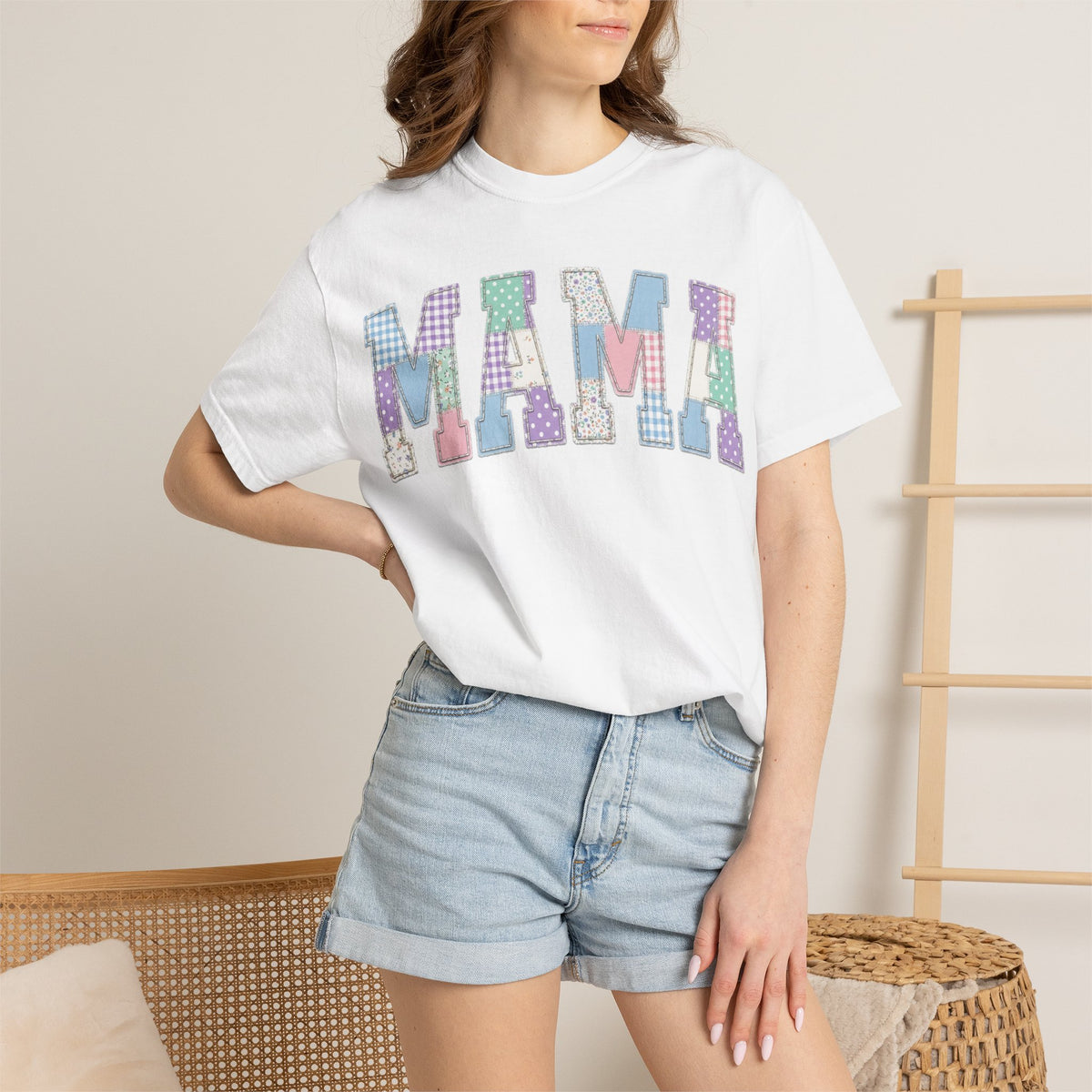 Mama Patchwork Shirt, Pastel Faux Applique Varsity Tee, Shabby Chic Mom Shirt, Mothers Day Gift